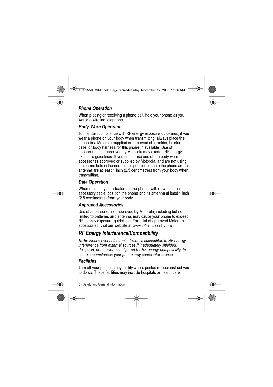 Motorola C550 manual RF Energy Interference/Compatibility, Body-Worn Operation 