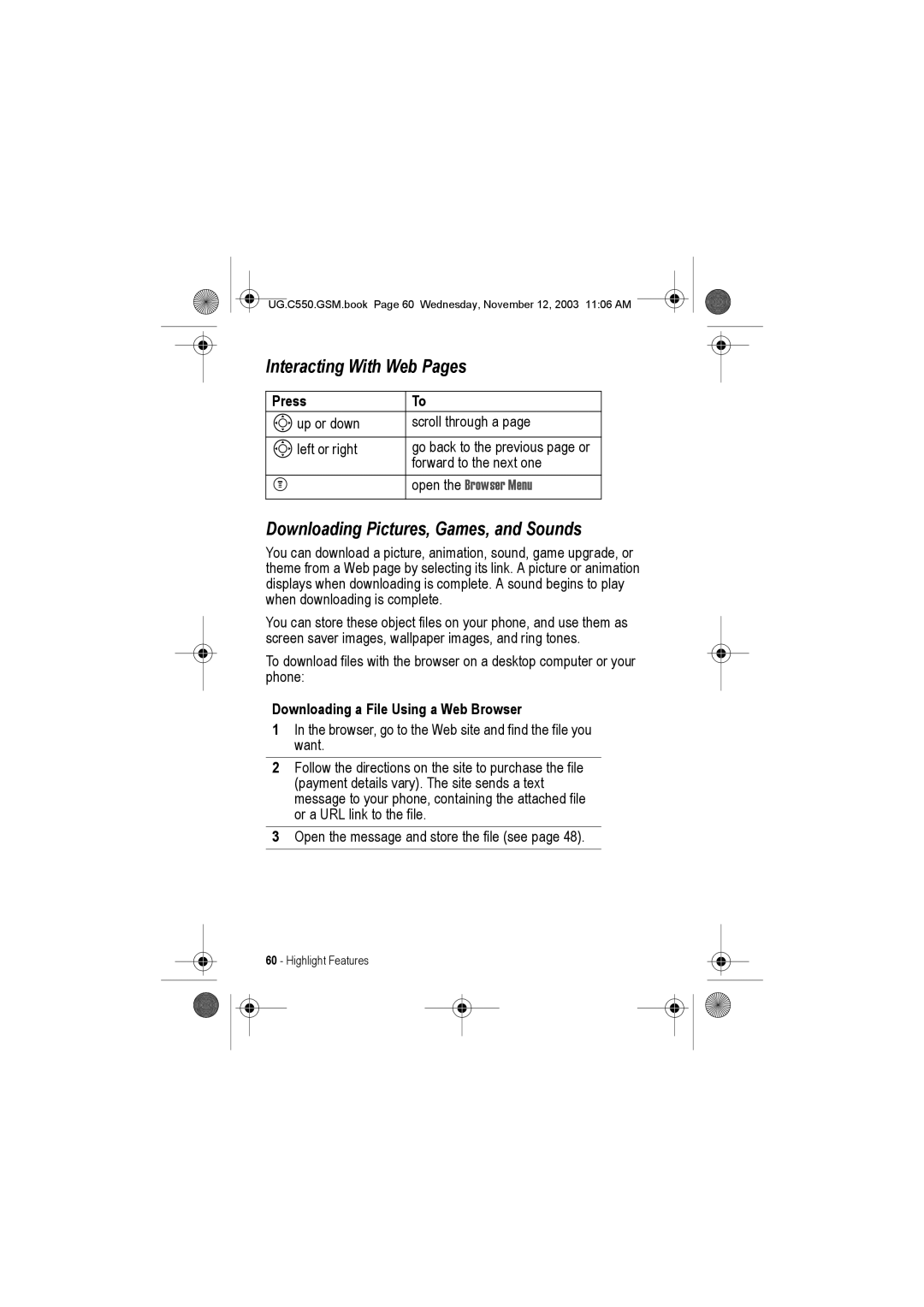 Motorola C550 manual Interacting With Web Pages, Downloading Pictures, Games, and Sounds, Open the Browser Menu 