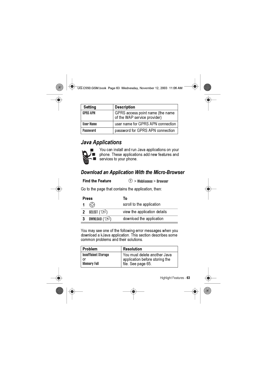 Motorola C550 manual Java Applications, Download an Application With the Micro-Browser, Problem Resolution 