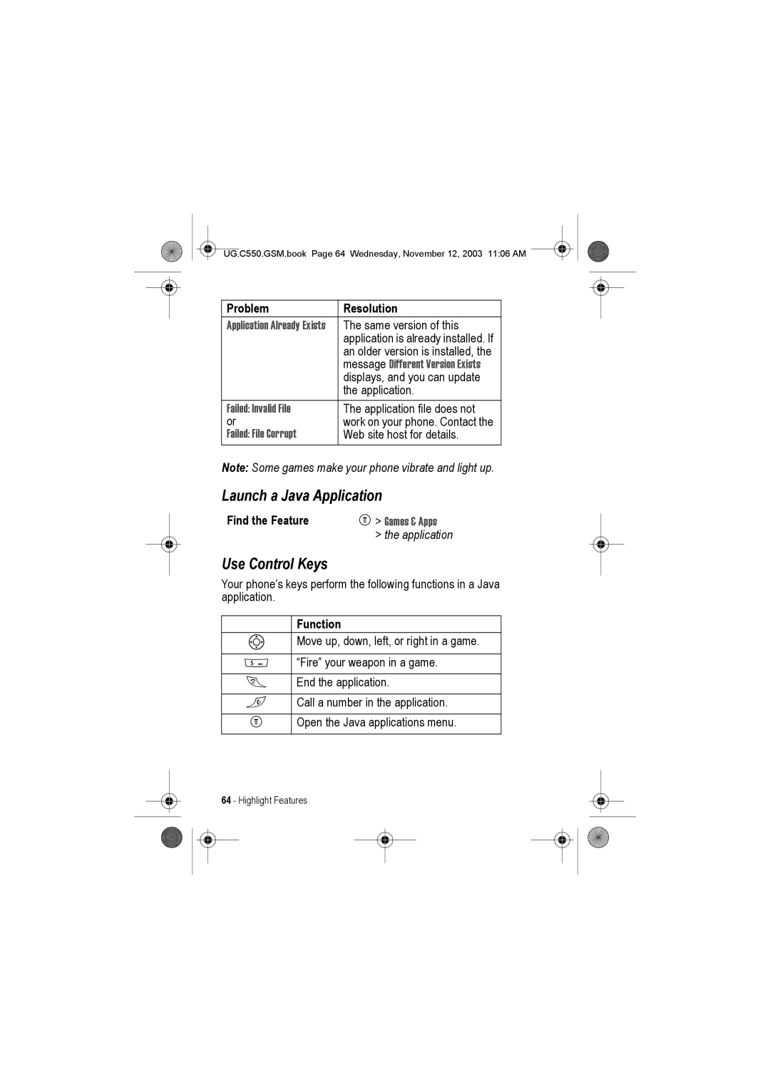 Motorola C550 manual Launch a Java Application, Use Control Keys, Function 