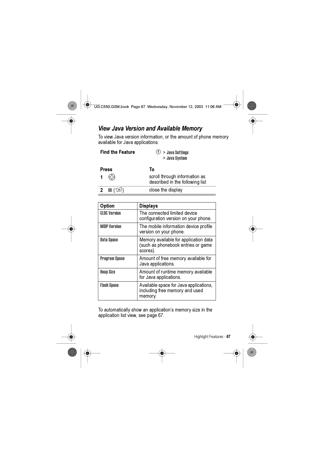 Motorola C550 manual View Java Version and Available Memory, Option Displays 