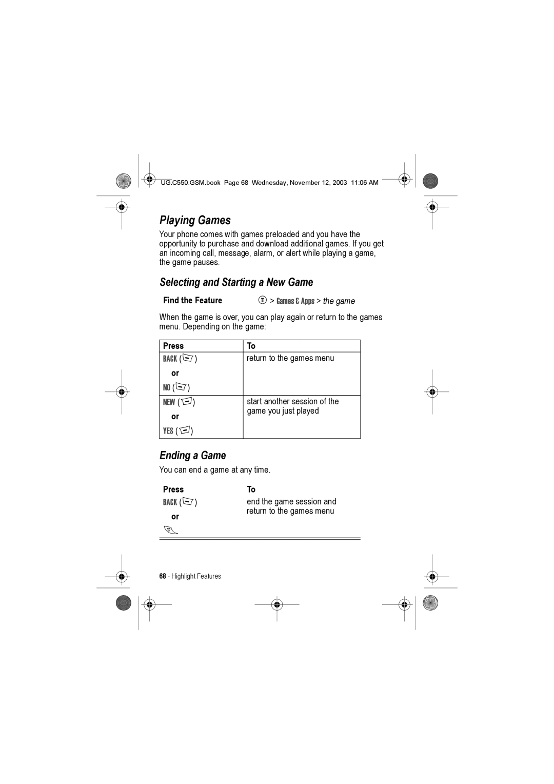 Motorola C550 manual Playing Games, Selecting and Starting a New Game, Ending a Game 