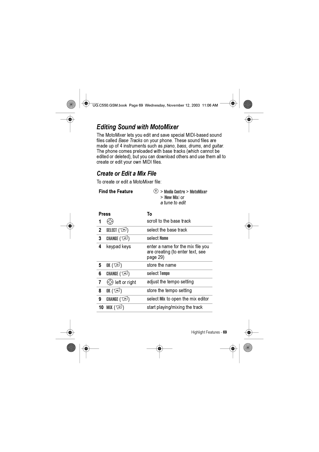 Motorola C550 manual Editing Sound with MotoMixer, Create or Edit a Mix File 