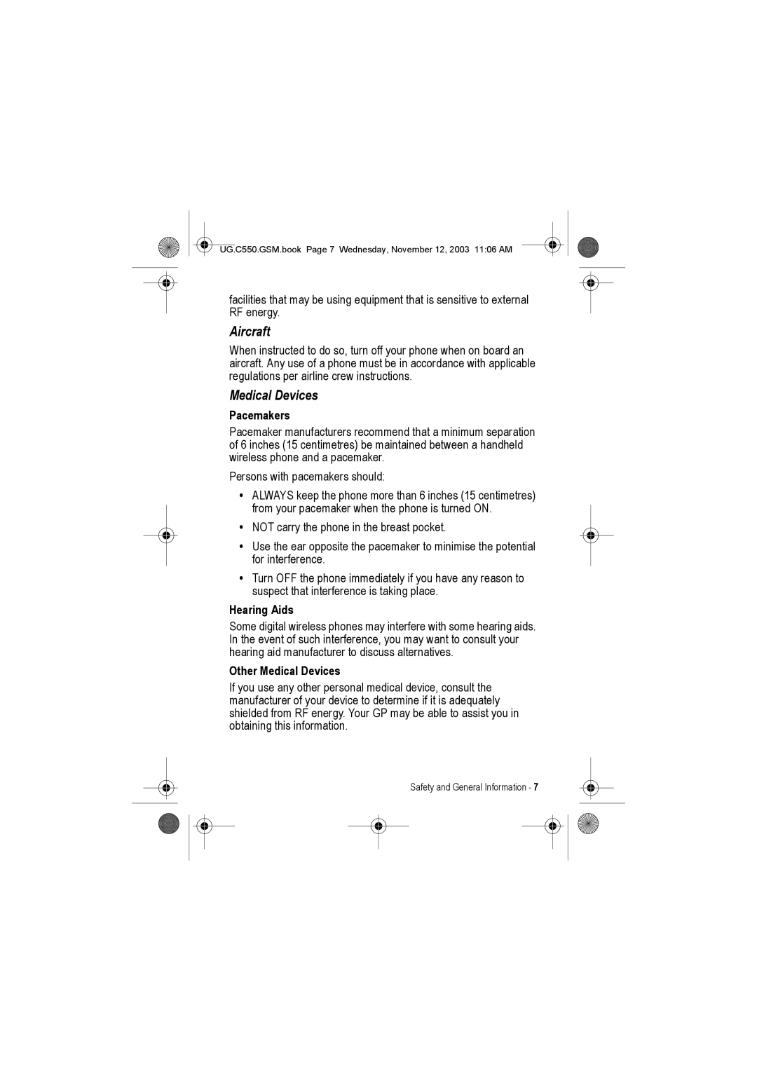 Motorola C550 manual Pacemakers, Hearing Aids, Other Medical Devices 