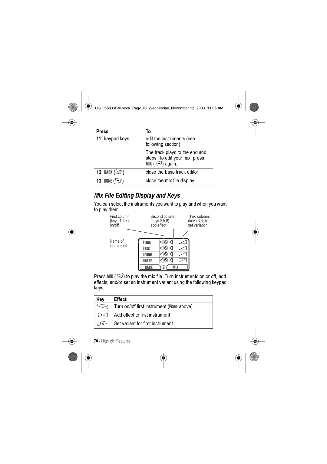 Motorola C550 manual Mix File Editing Display and Keys 