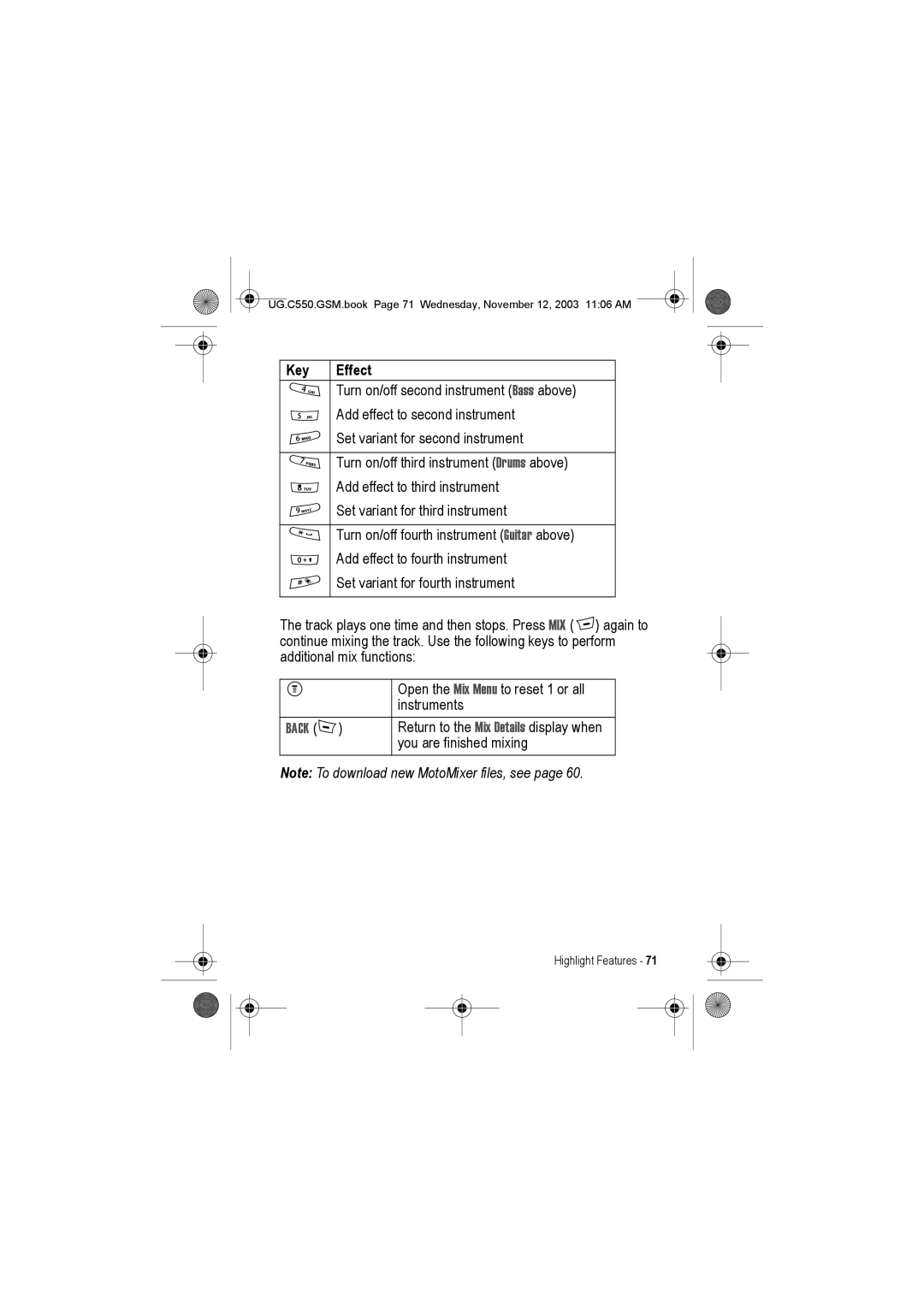 Motorola C550 manual Return to the Mix Details display when 