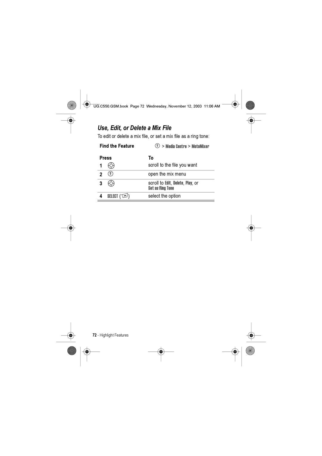 Motorola C550 manual Use, Edit, or Delete a Mix File, Set as Ring Tone 