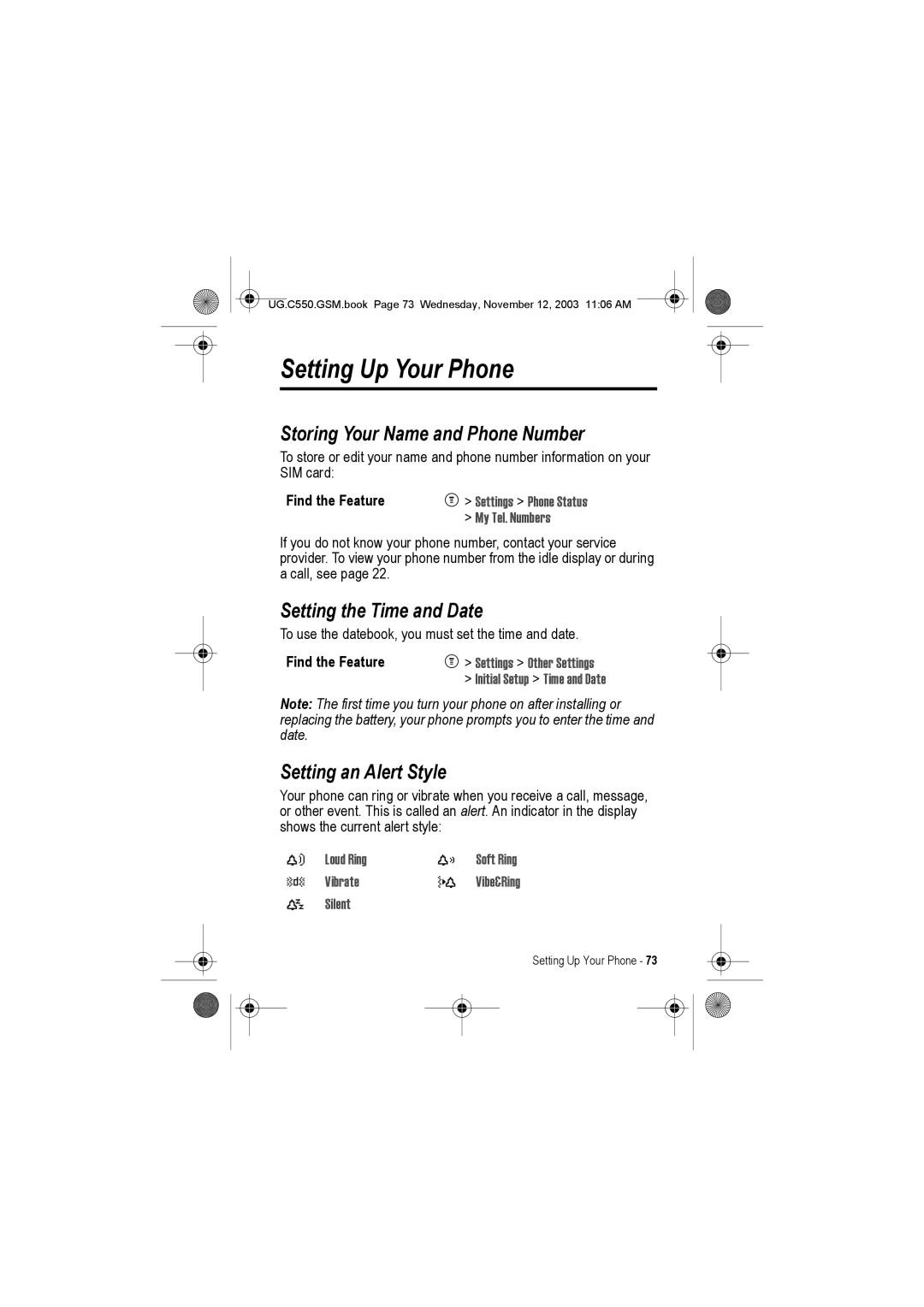 Motorola C550 Setting Up Your Phone, Storing Your Name and Phone Number, Setting the Time and Date, Setting an Alert Style 