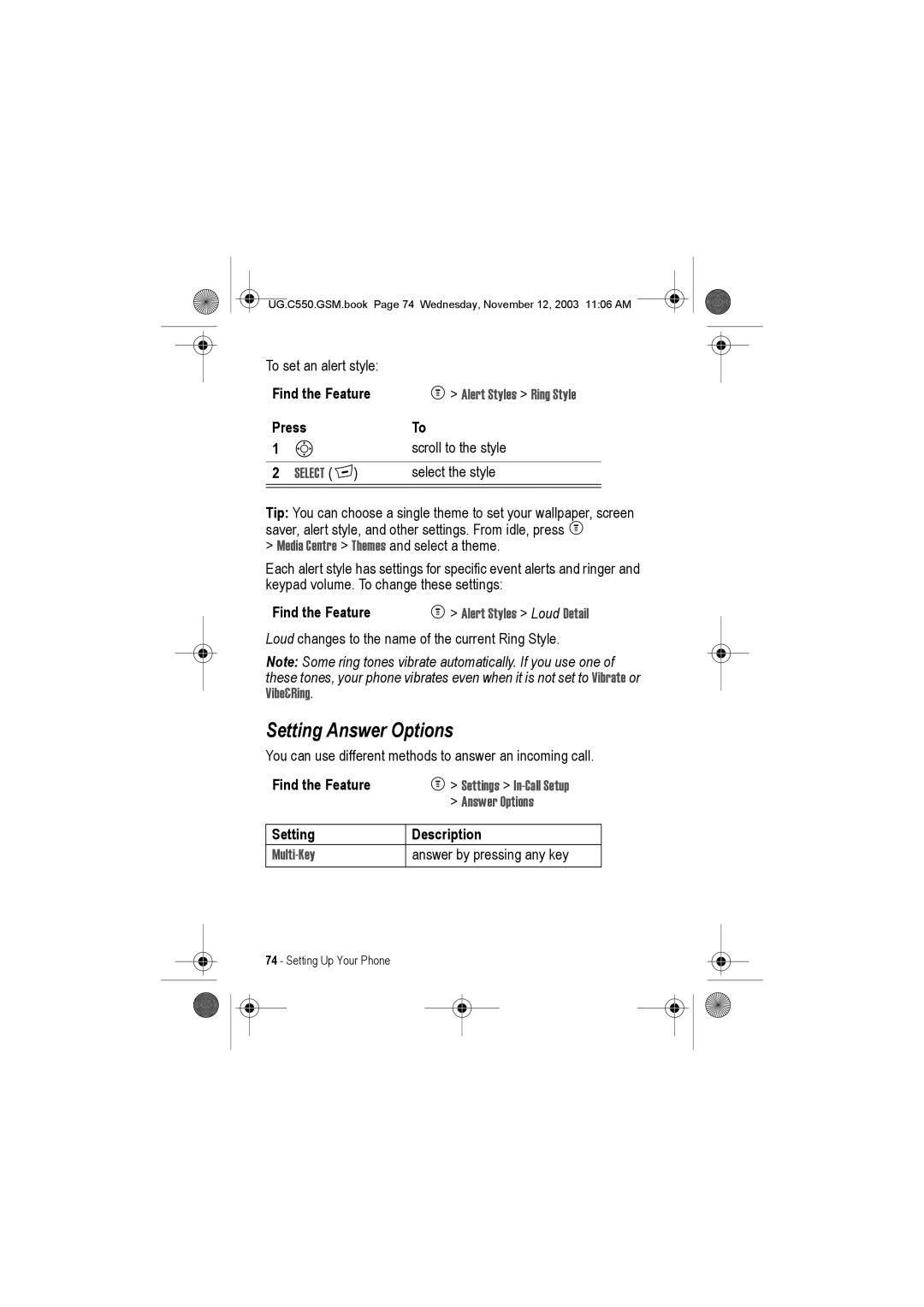 Motorola C550 manual Setting Answer Options 