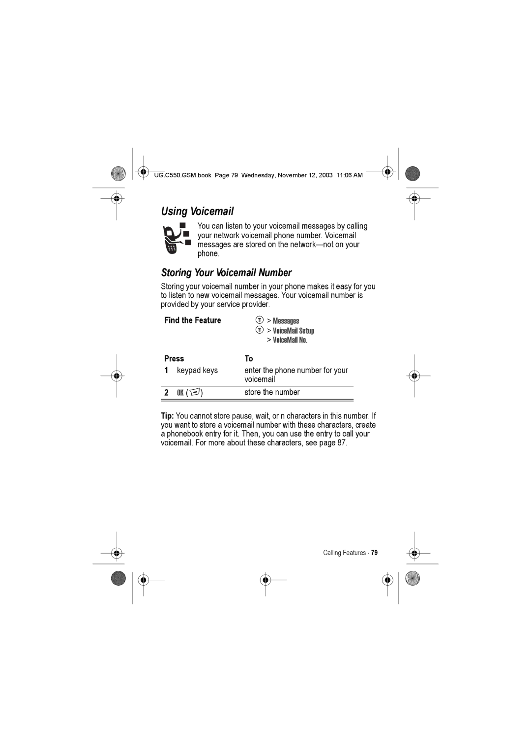 Motorola C550 manual Using Voicemail, Storing Your Voicemail Number, Messages, VoiceMail Setup, VoiceMail No 