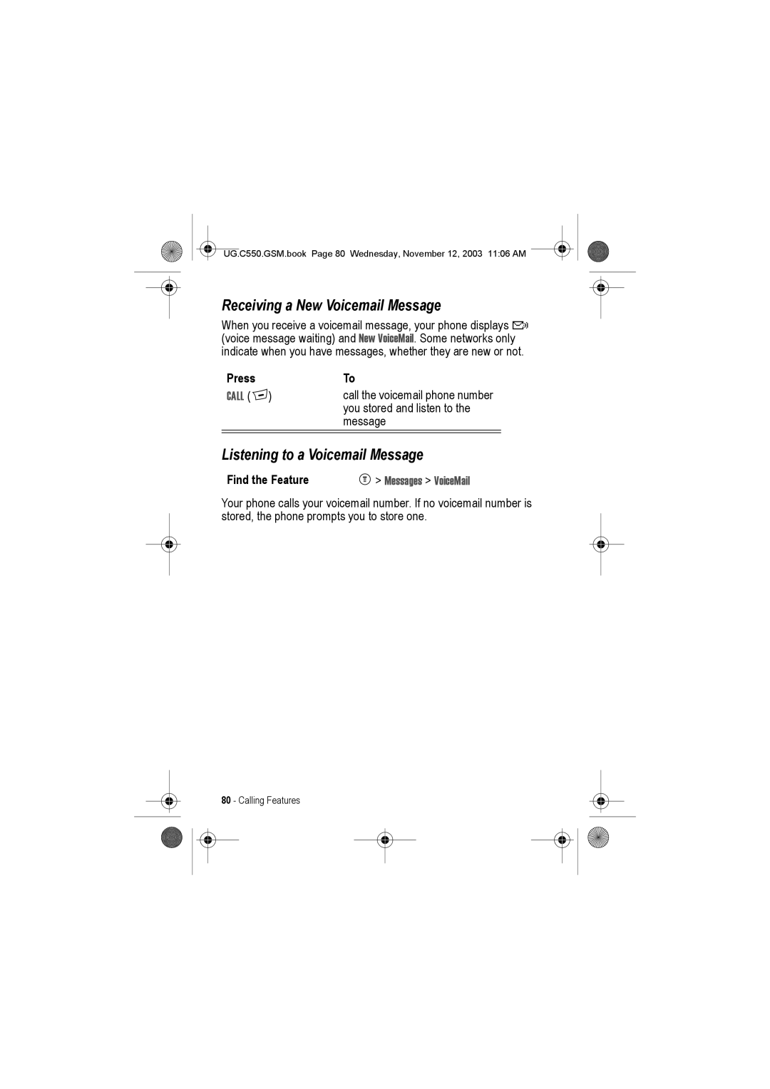 Motorola C550 manual Receiving a New Voicemail Message, Listening to a Voicemail Message, Call +, Messages VoiceMail 