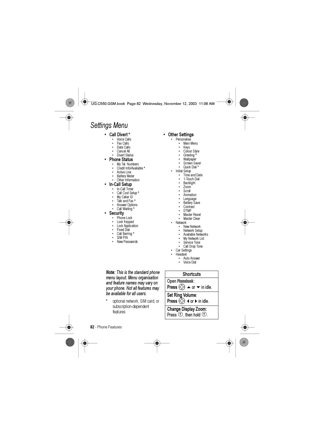 Motorola C550 manual Call Divert, Phone Status, In-Call Setup, Security, Other Settings, Shortcuts 