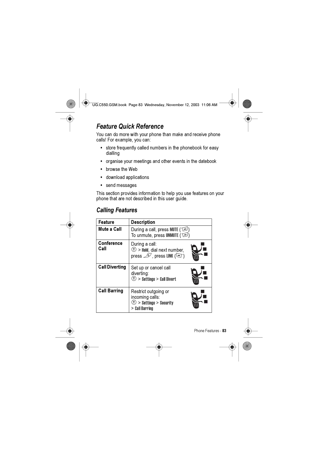 Motorola C550 manual Feature Quick Reference, Calling Features 