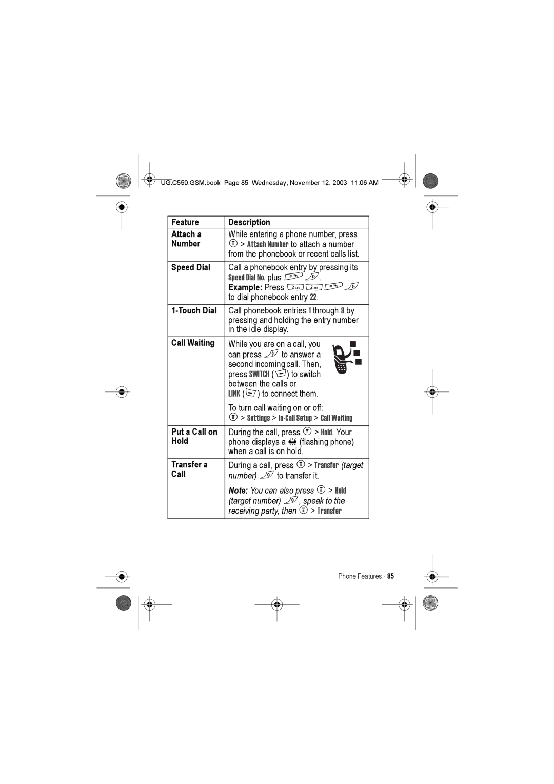 Motorola C550 manual Feature Description Attach a, Number, Speed Dial, Example Press 22#N, Touch Dial, Call Waiting, Hold 