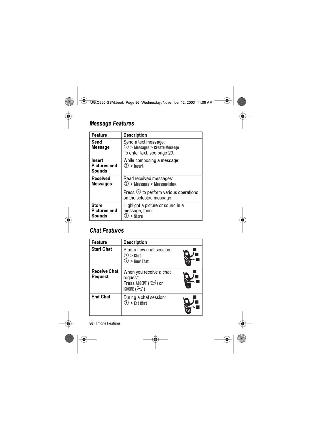 Motorola C550 manual Message Features, Chat Features 