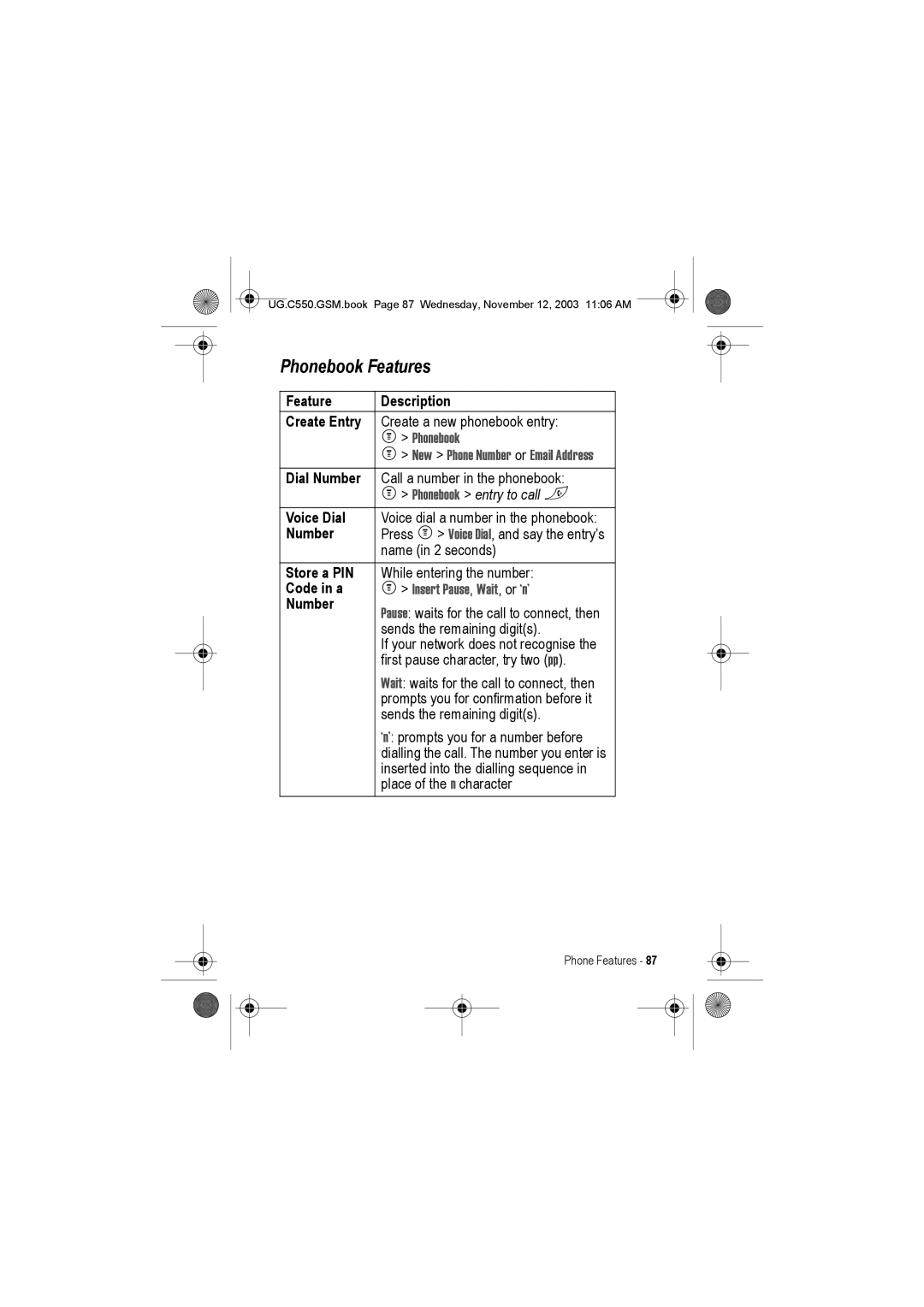 Motorola C550 manual Phonebook Features 