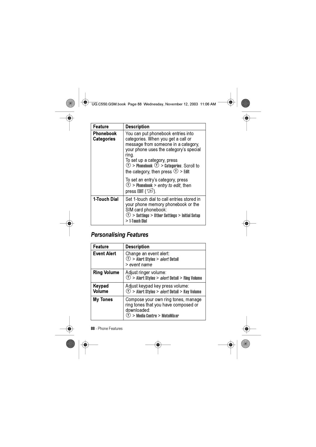 Motorola C550 manual Personalising Features 