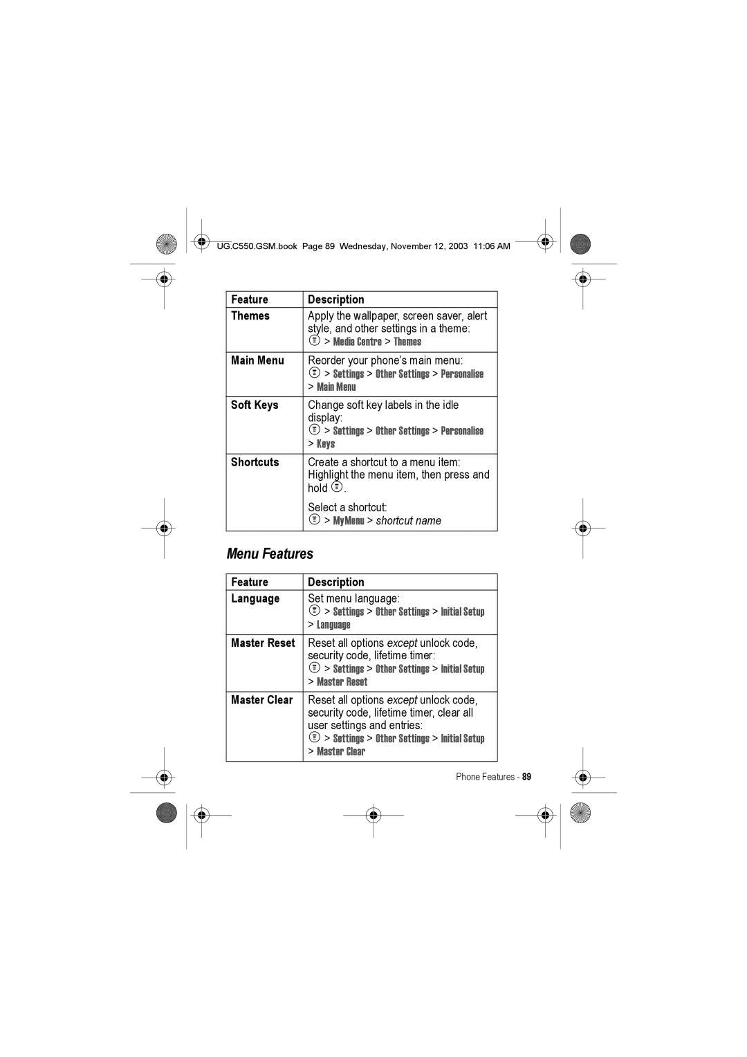 Motorola C550 manual Menu Features 