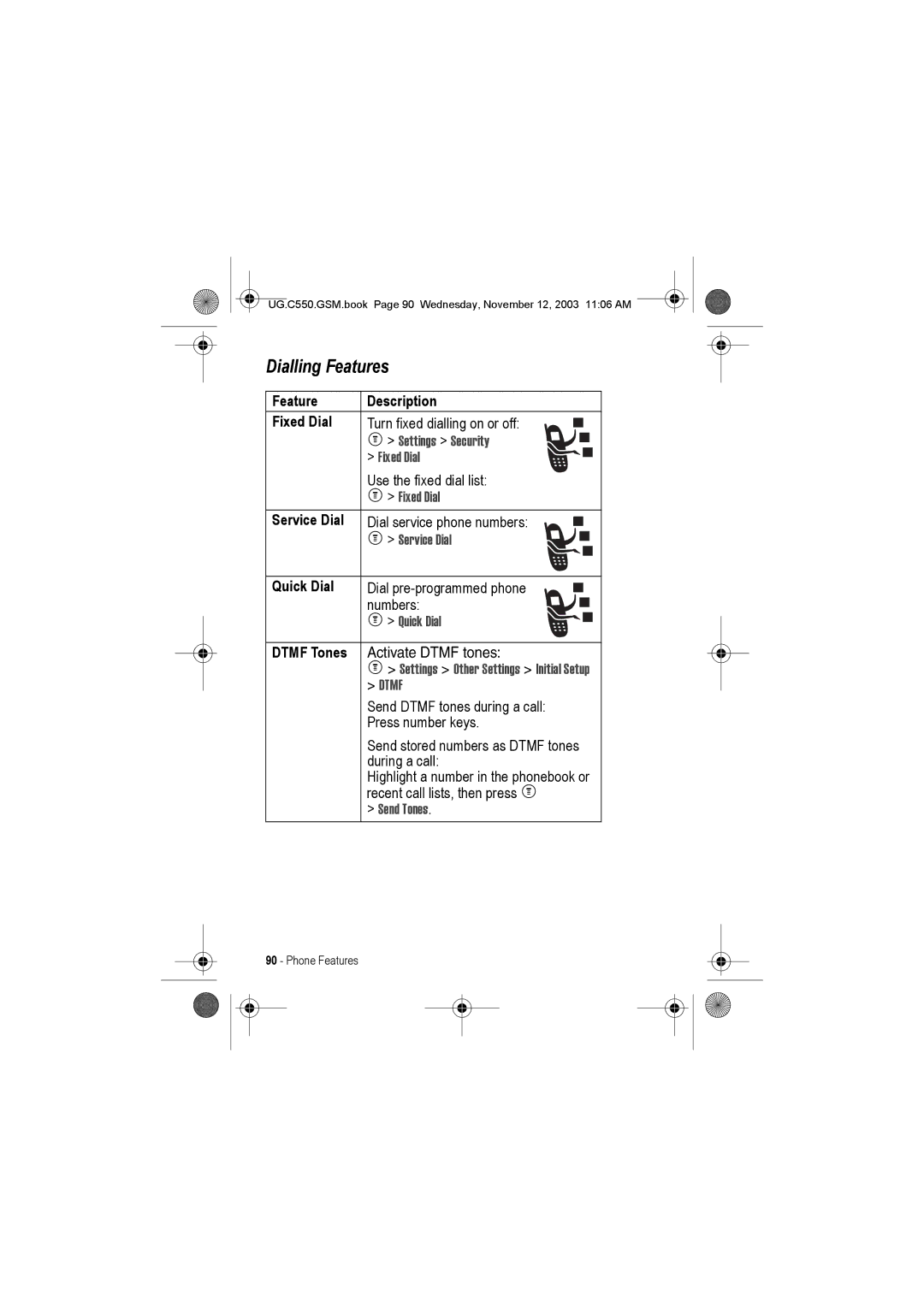 Motorola C550 manual Dialling Features, Feature Description Fixed Dial, Service Dial, Quick Dial, Dtmf Tones 