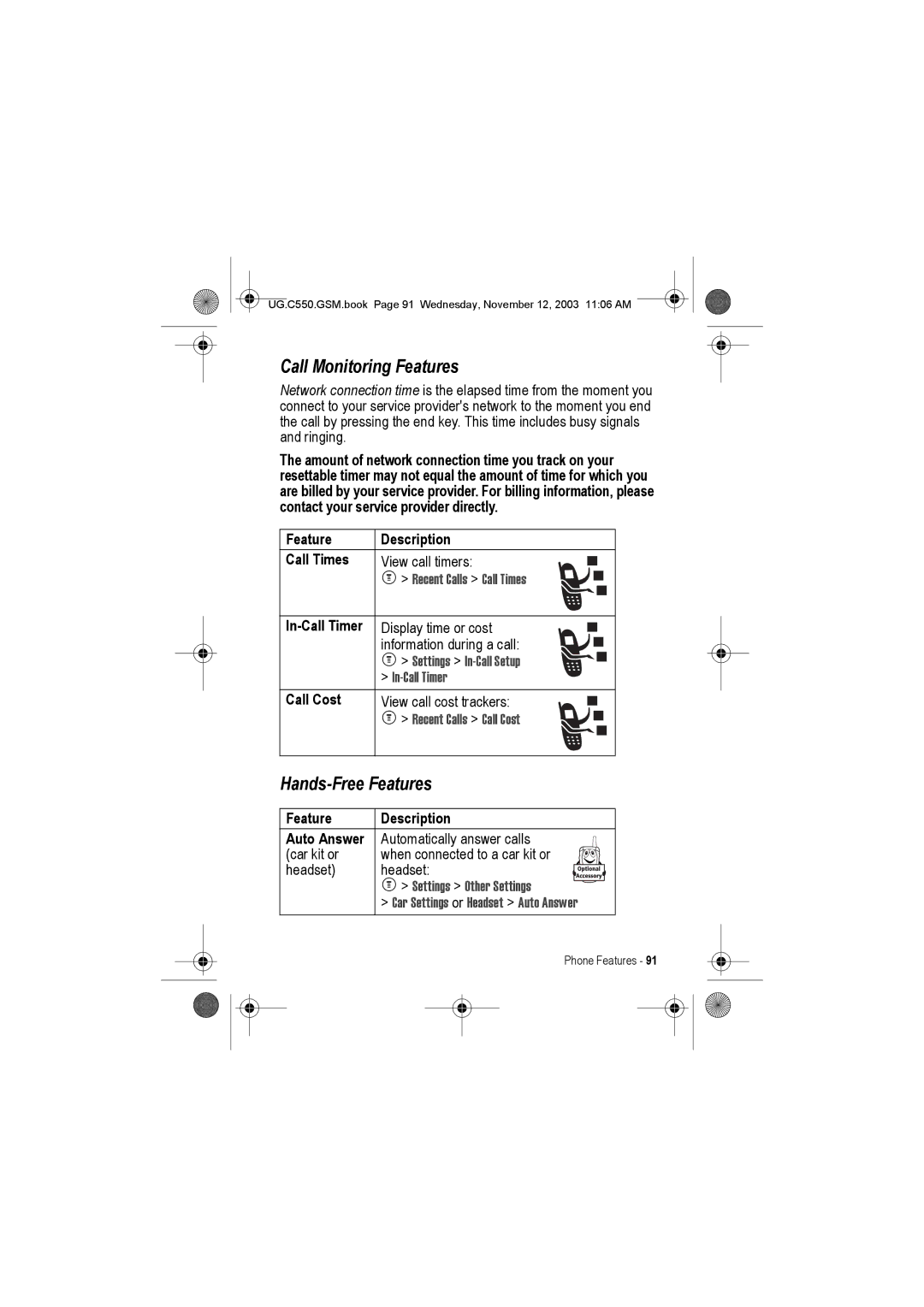 Motorola C550 Call Monitoring Features, Hands-Free Features, In-Call Timer, Call Cost, Feature Description Auto Answer 