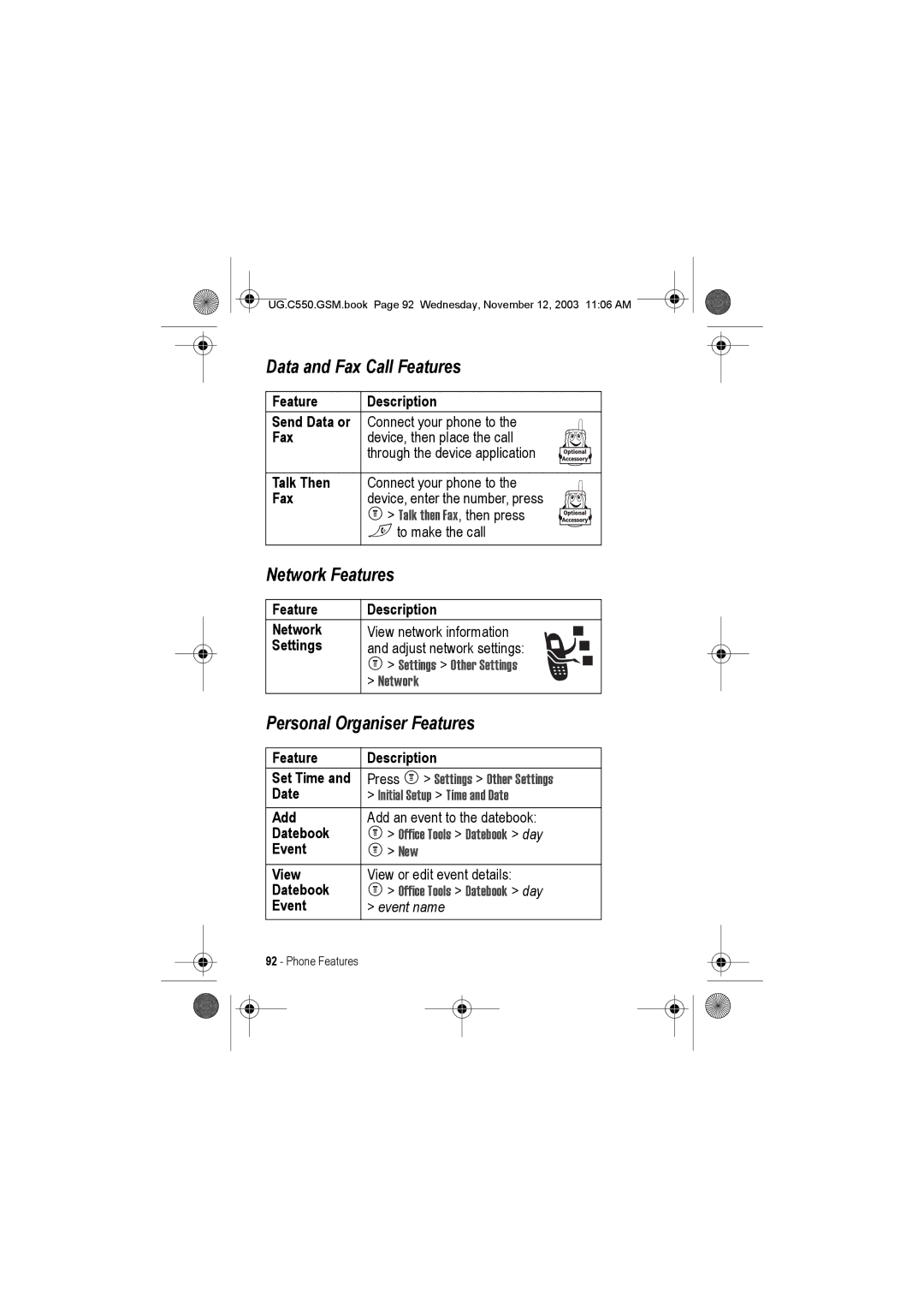 Motorola C550 manual Data and Fax Call Features, Network Features, Personal Organiser Features 