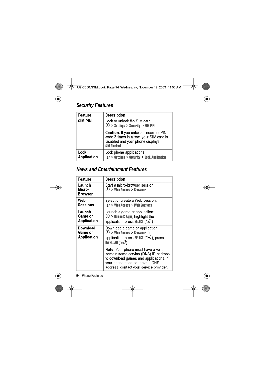 Motorola C550 manual Security Features, News and Entertainment Features 