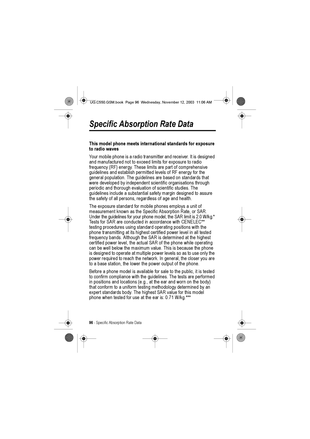 Motorola C550 manual Specific Absorption Rate Data 