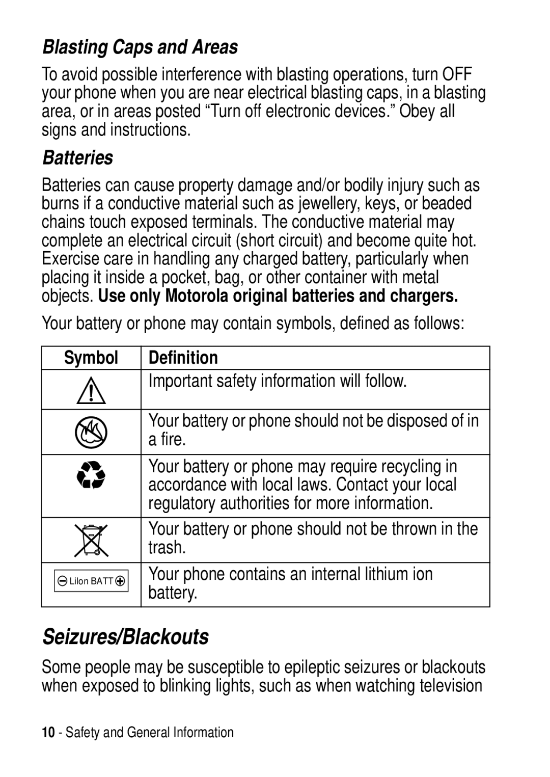 Motorola C975 3G manual Seizures/Blackouts, Symbol Definition 