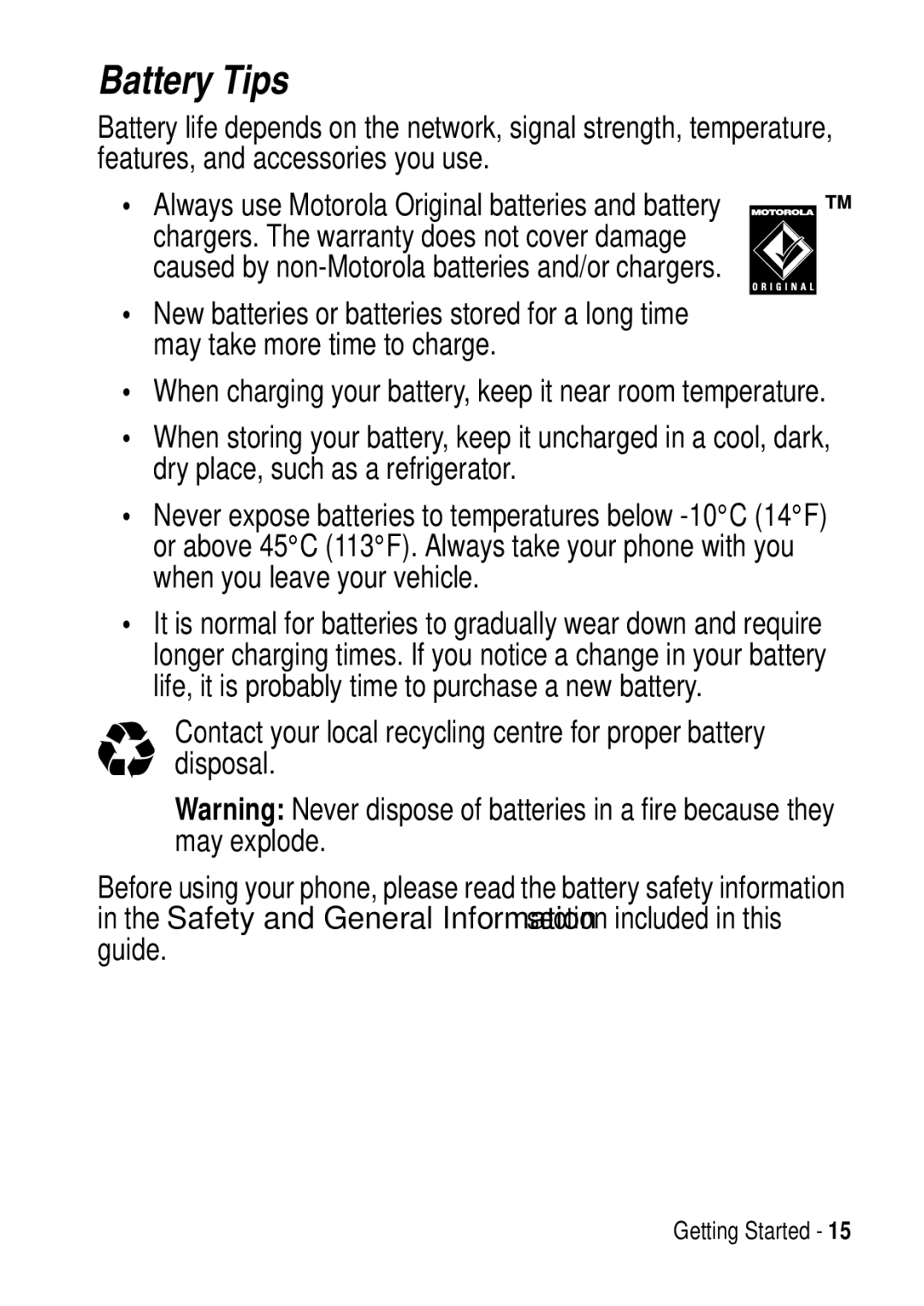 Motorola C975 3G manual Battery Tips 