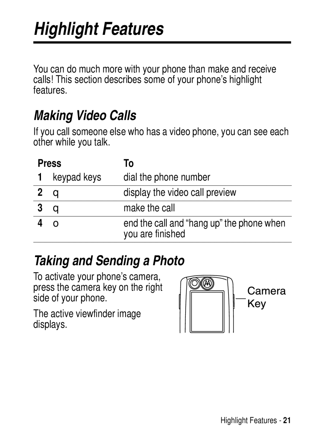 Motorola C975 3G Highlight Features, Making Video Calls, Taking and Sending a Photo, Active viewfinder image displays 