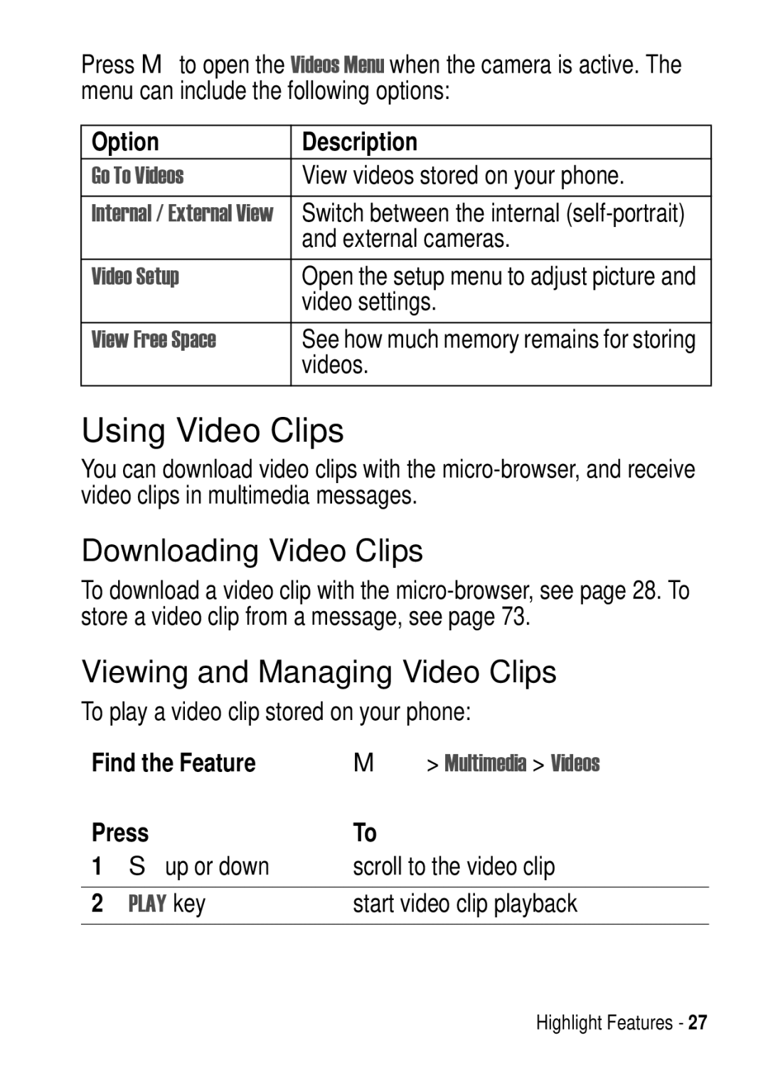 Motorola C975 3G manual Using Video Clips, Downloading Video Clips, Viewing and Managing Video Clips 