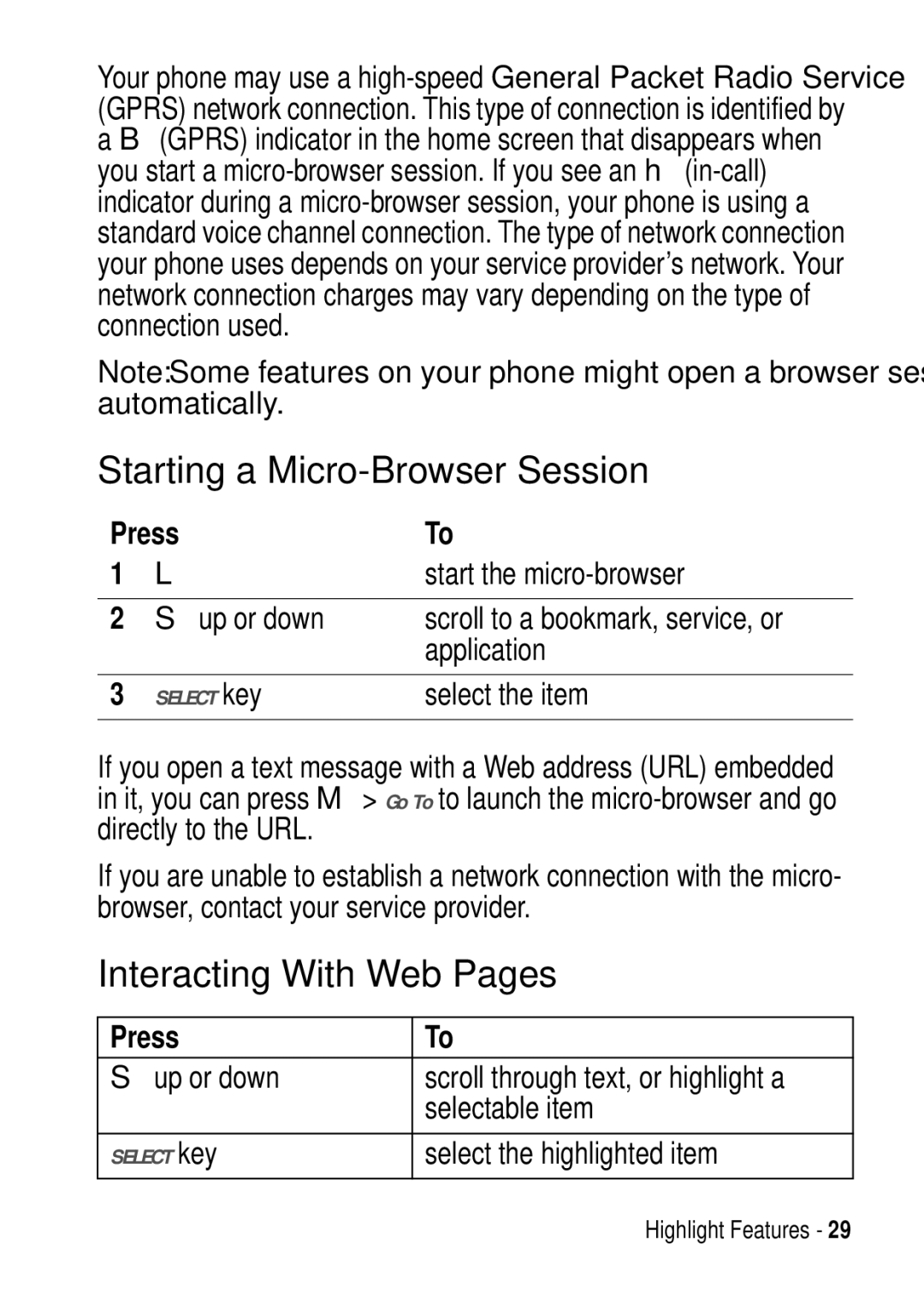 Motorola C975 3G manual Starting a Micro-Browser Session, Interacting With Web Pages 