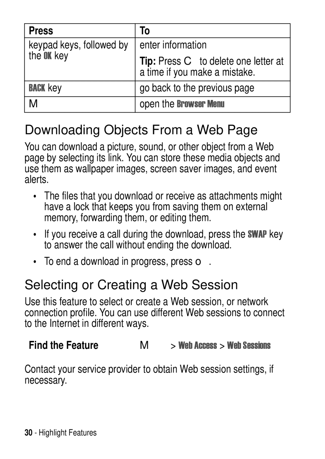 Motorola C975 3G manual Downloading Objects From a Web, Selecting or Creating a Web Session 