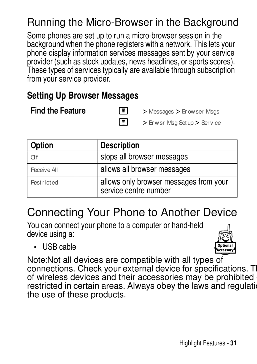 Motorola C975 3G manual Connecting Your Phone to Another Device, Running the Micro-Browser in the Background 