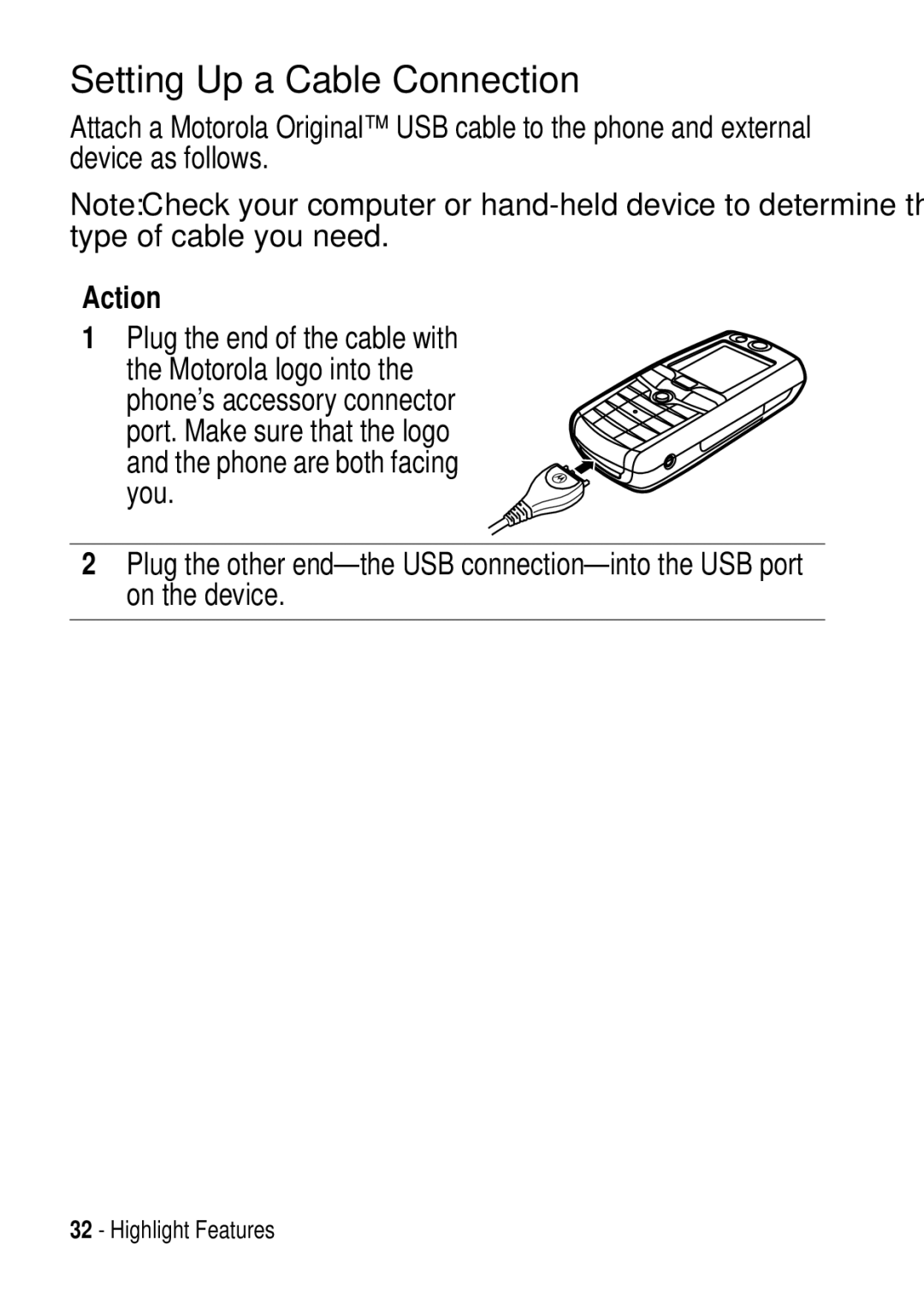 Motorola C975 3G manual Setting Up a Cable Connection, Action 