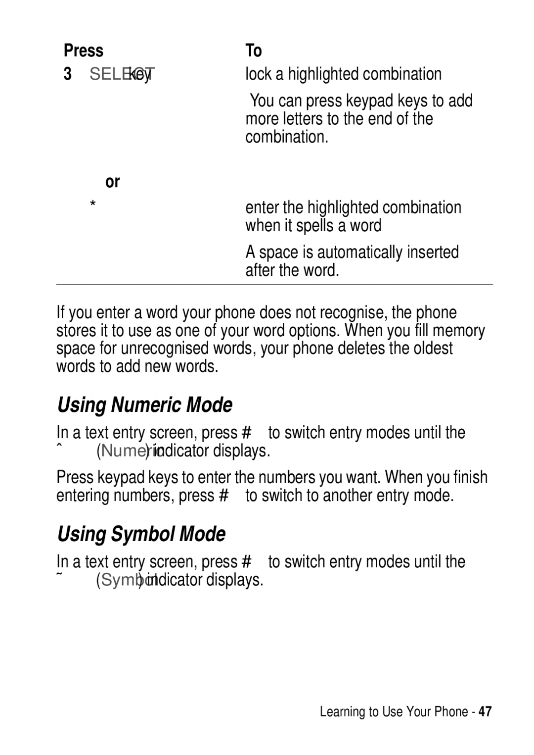 Motorola C975 3G manual Using Numeric Mode, Using Symbol Mode 