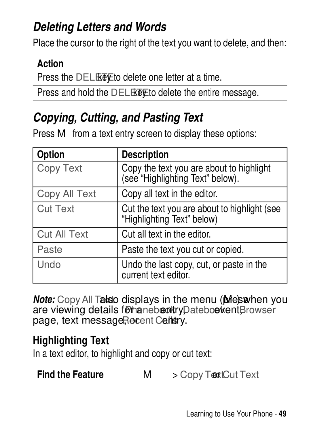 Motorola C975 3G manual Deleting Letters and Words, Copying, Cutting, and Pasting Text 