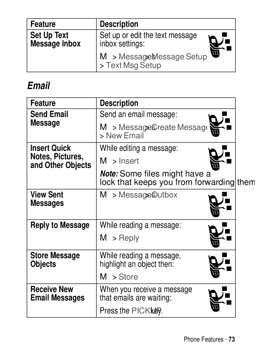 Motorola C975 3G Feature Description Set Up Text, Message Inbox, Feature Description Send Email, Insert Quick, Messages 