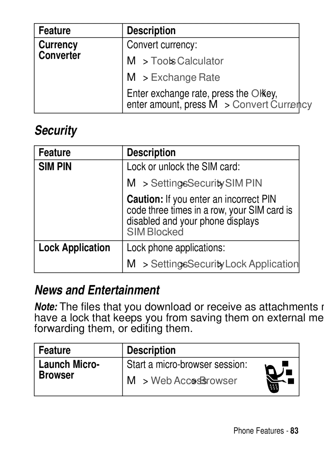 Motorola C975 3G manual Security, News and Entertainment 