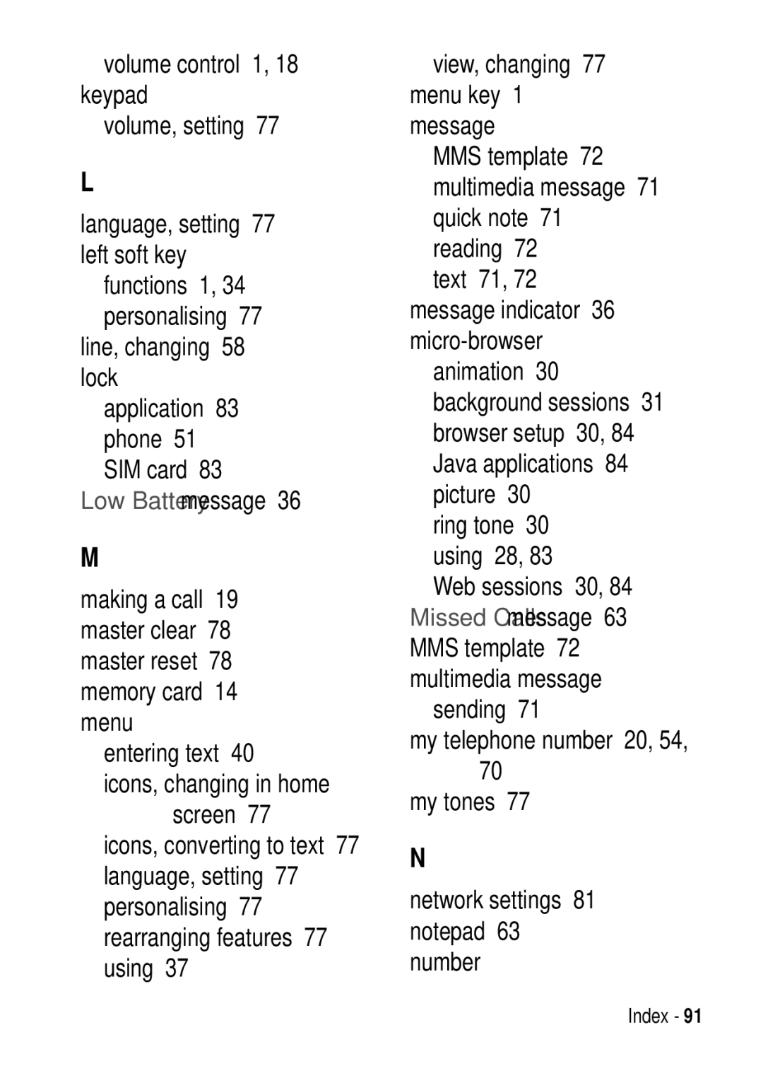 Motorola C975 3G manual Line, changing 58 lock Application 83 phone 51 SIM card, Entering text 