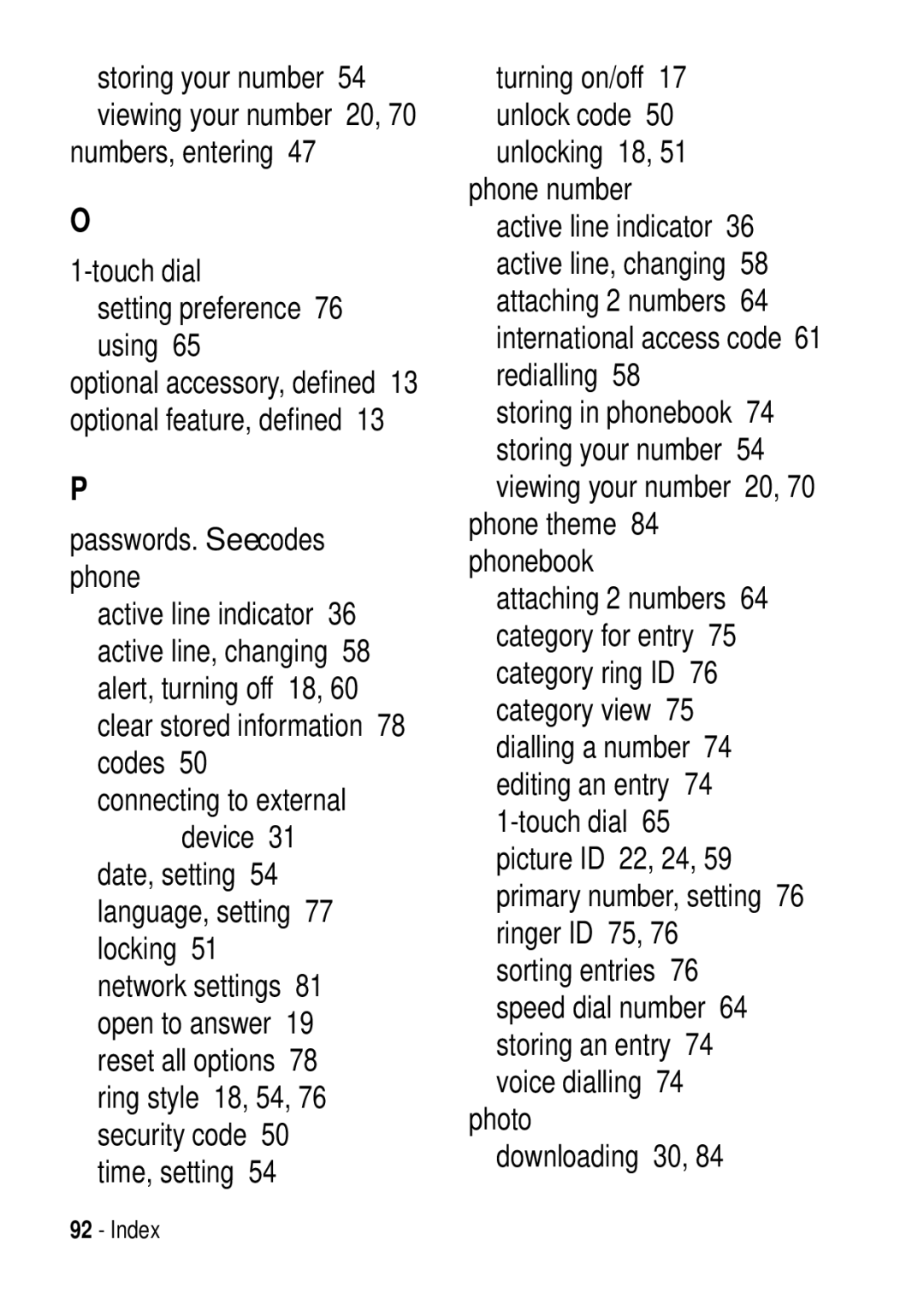 Motorola C975 3G manual Numbers, entering Touch dial Setting preference 76 using, Passwords. See codes phone 