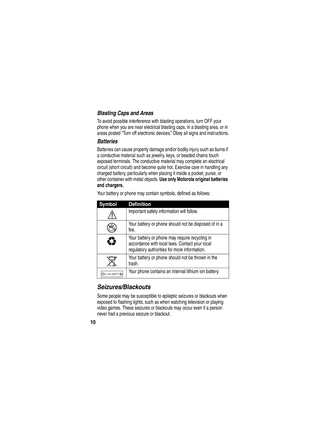 Motorola C975 manual Blasting Caps and Areas, Batteries, Chargers, Symbol Definition 