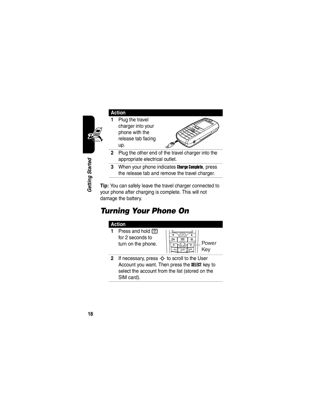 Motorola C975 manual Turning Your Phone On, Action, Press and hold o For 2 seconds to, Turn on the phone 