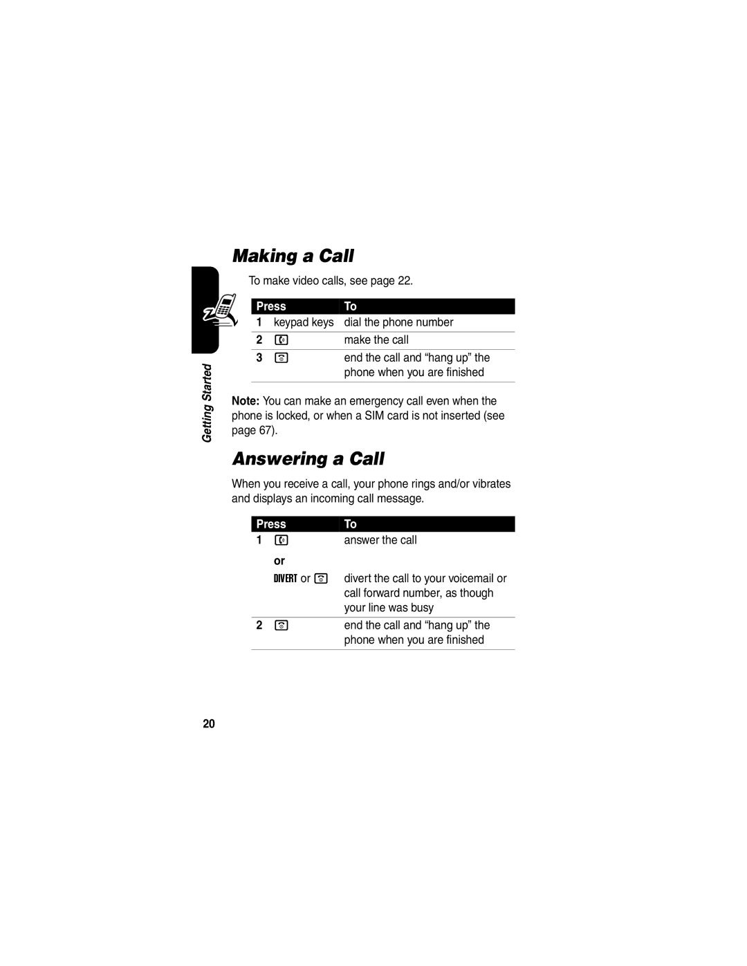 Motorola C975 manual Making a Call, Answering a Call, Press 