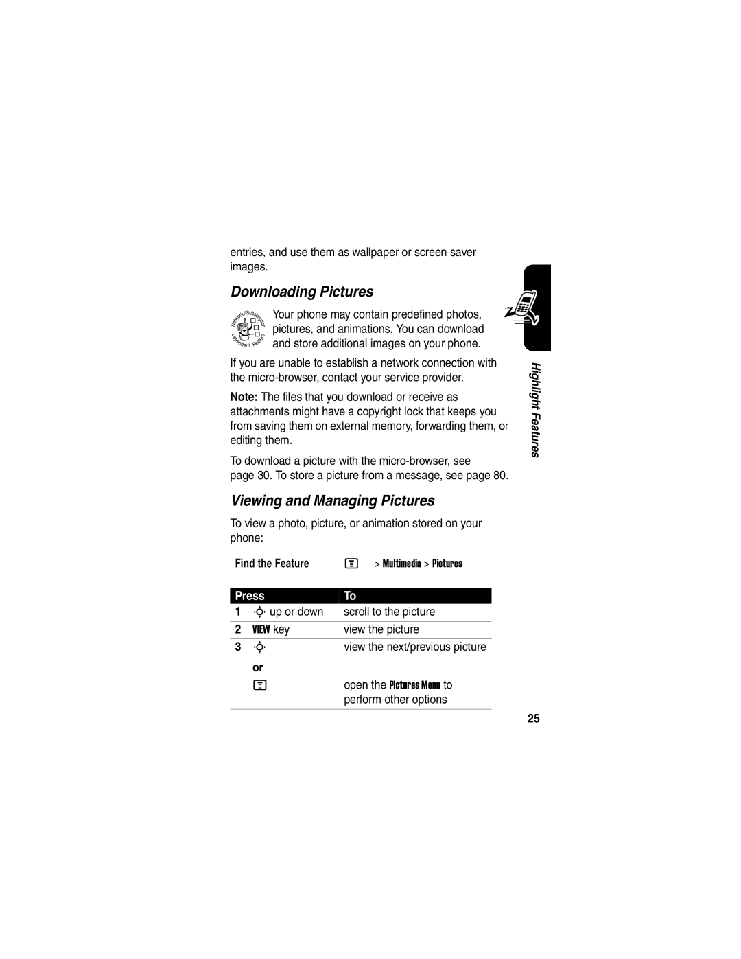 Motorola C975 manual Downloading Pictures, Viewing and Managing Pictures, Find the Feature 