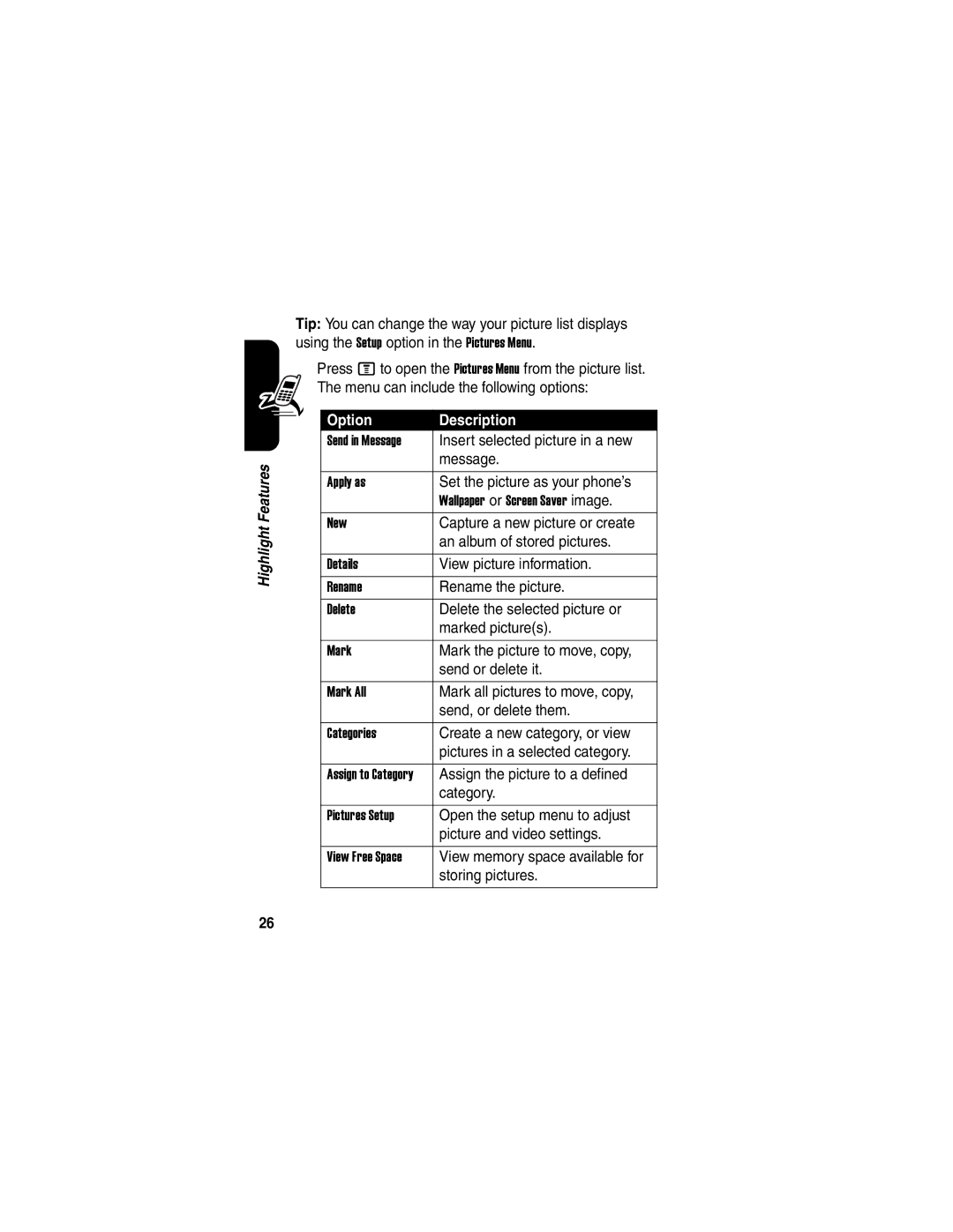 Motorola C975 manual Option Description 