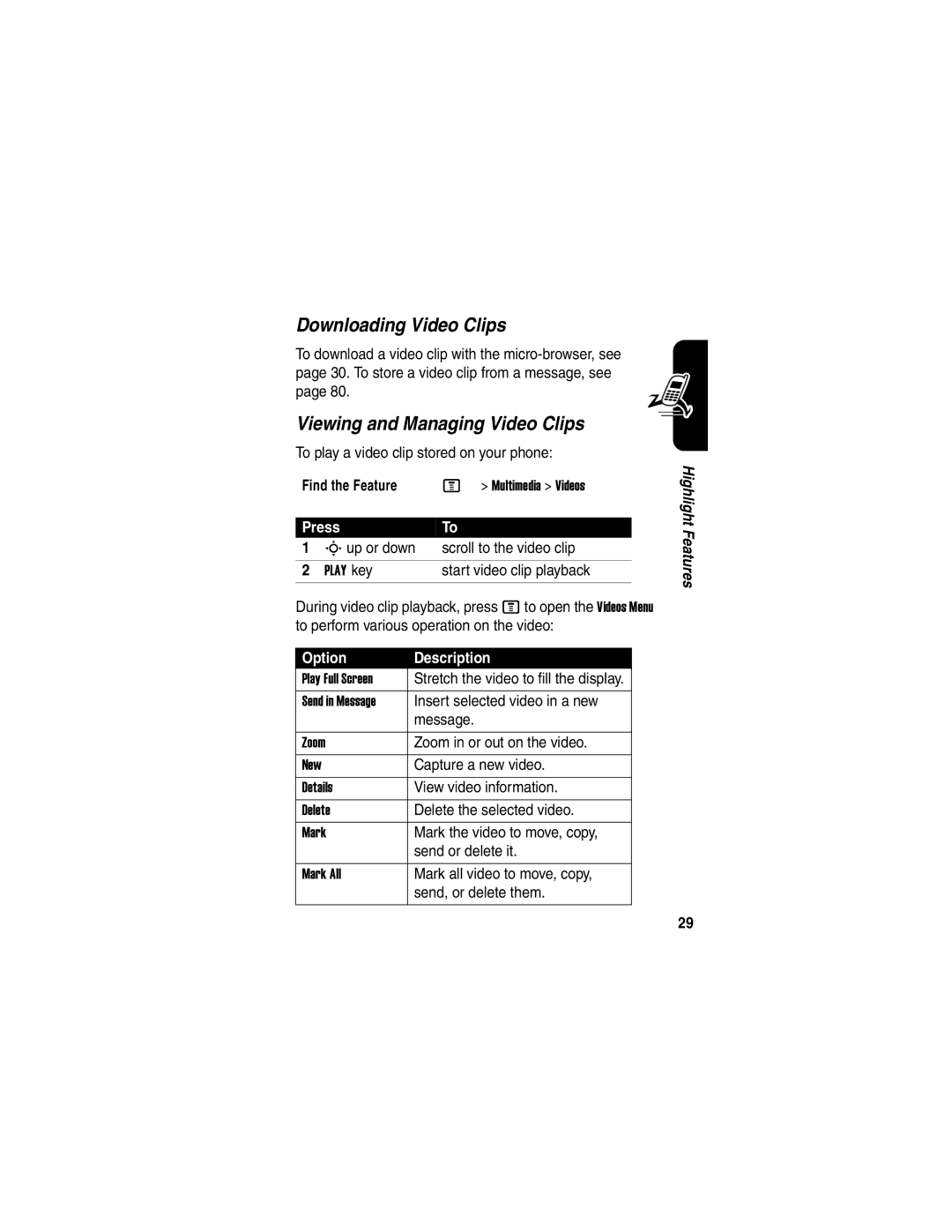 Motorola C975 manual Downloading Video Clips, Viewing and Managing Video Clips 