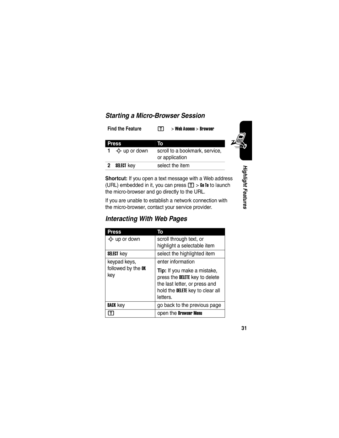 Motorola C975 manual Starting a Micro-Browser Session, Interacting With Web Pages 