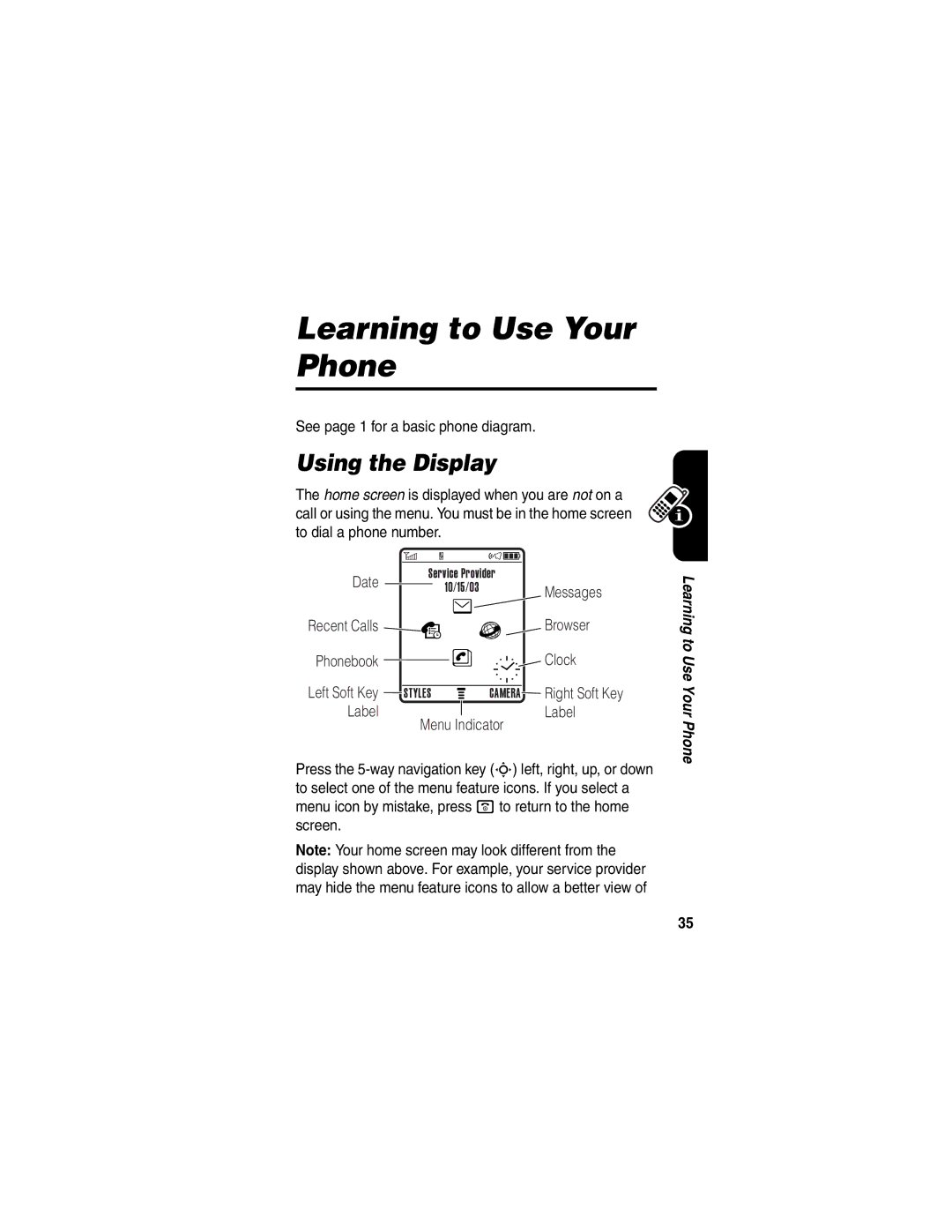 Motorola C975 manual Using the Display, See page 1 for a basic phone diagram 