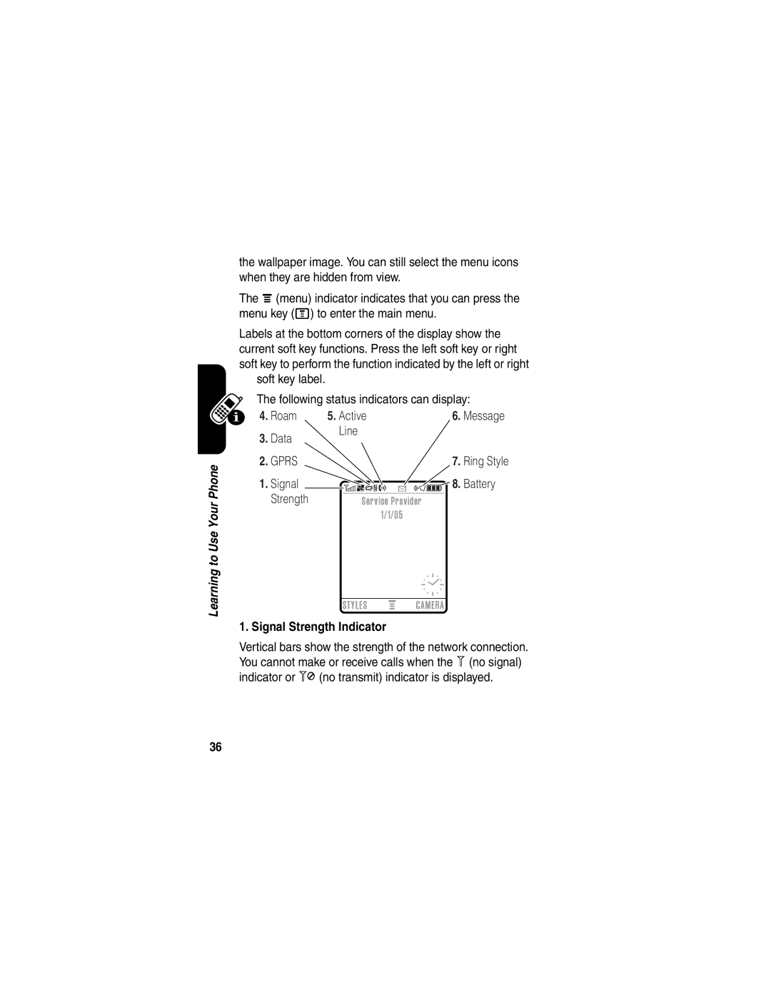 Motorola C975 manual Soft key label Following status indicators can display, Signal Strength Indicator 